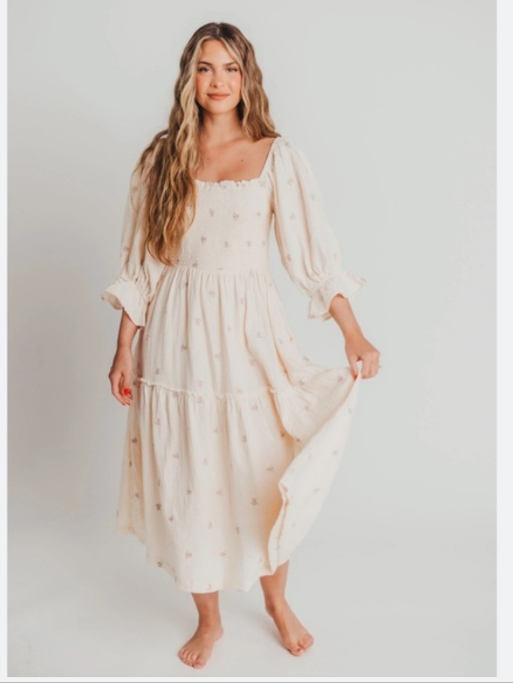 Listicle Cream Smocked Maxi Dress with Puff Sleeves